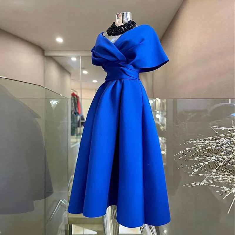 Gorgeous Cocktail Dress Satin Pleated Sexy V-Neck Off-the-Shoulder Princess Prom Dresses - View 4 | FashionDia