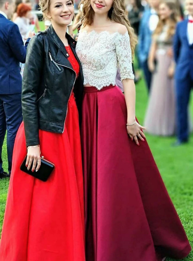 Two Piece Long Prom Dress with White Lace Top - View 3 | FashionDia