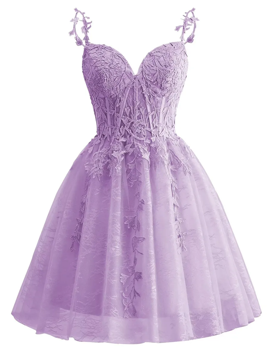 Spaghetti Strap Lace Homecoming Dresses for Teens 2024 Tulle Short Prom Dress Cocktail Gowns - View 3 | FashionDia