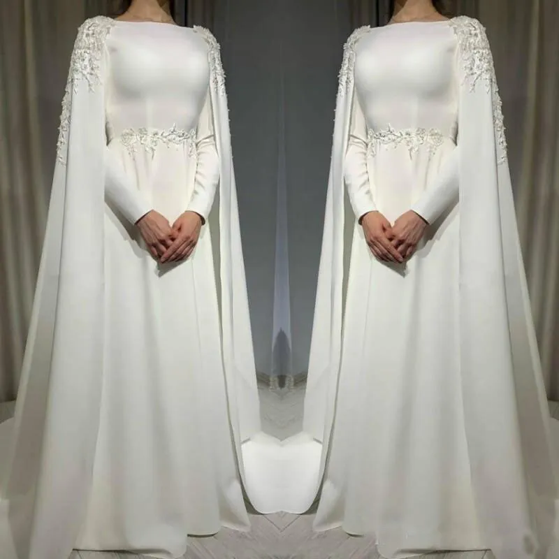 Muslim Wedding Dress with Cape Long Sleeves Beading Plus Size Satin Bridal Gowns - View 3 | FashionDia