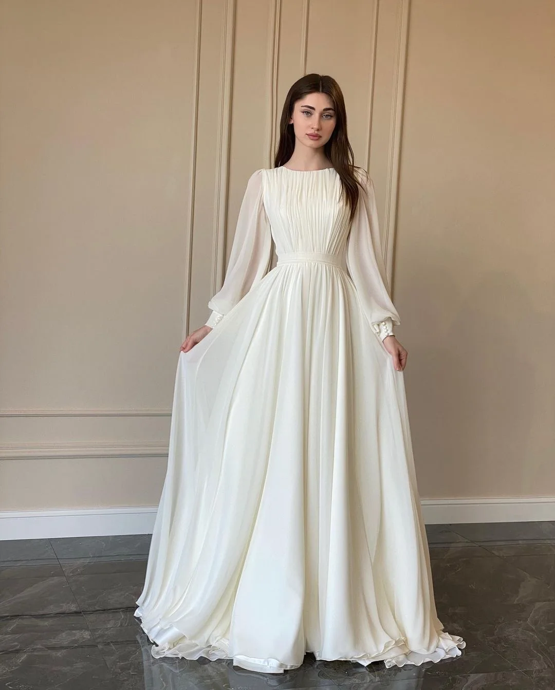 Women Elegant Pleated Lantern Sleeve Round Neck Maxi Dress Fashion Long Sleeve Party Evening Dress
