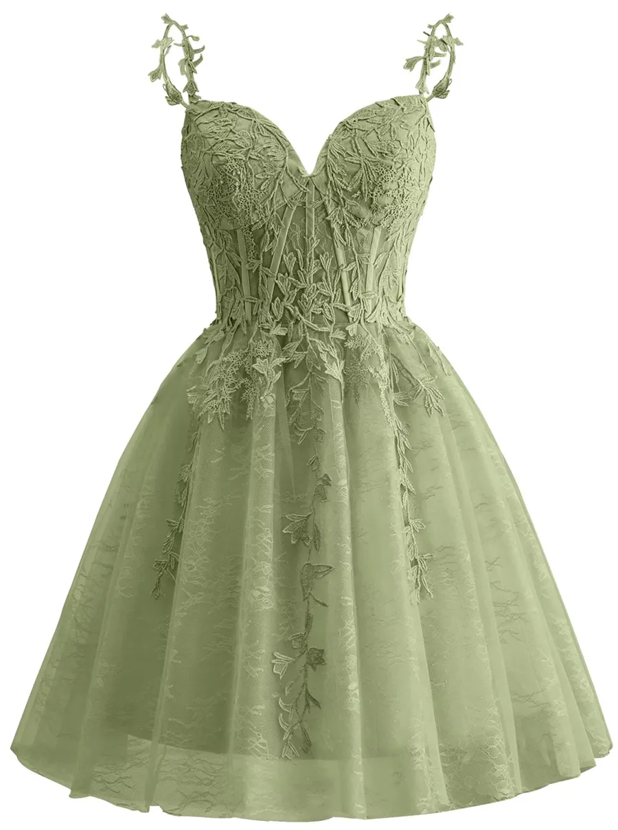 Spaghetti Strap Lace Homecoming Dresses for Teens 2024 Tulle Short Prom Dress Cocktail Gowns - View 5 | FashionDia