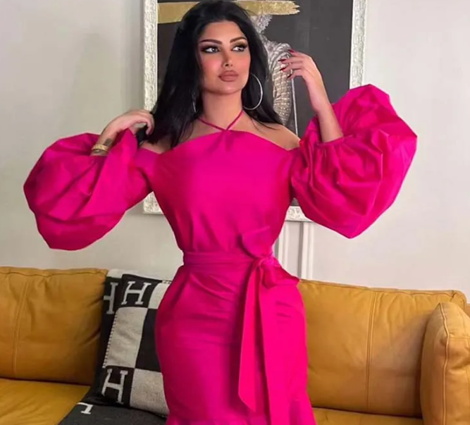 Hot Pink Halter Prom Belt Puff Sleeve Midi Party Dress Elegant Dubai Evening Dresses - View 5 | FashionDia