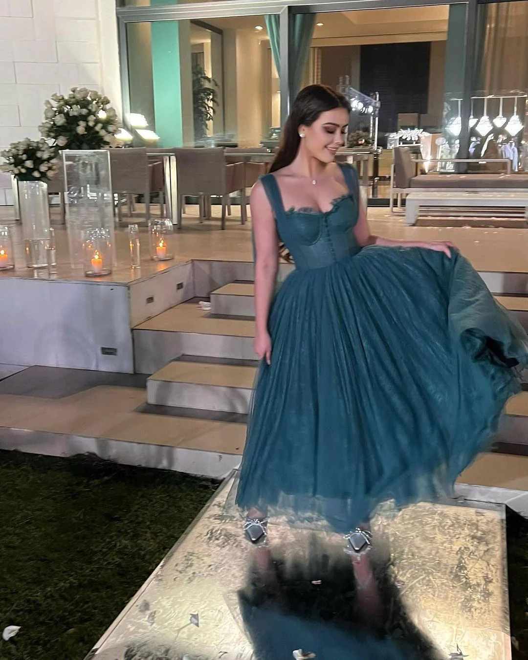 Gray Blue Straps Lace Tulle Popular Modest Prom Dress