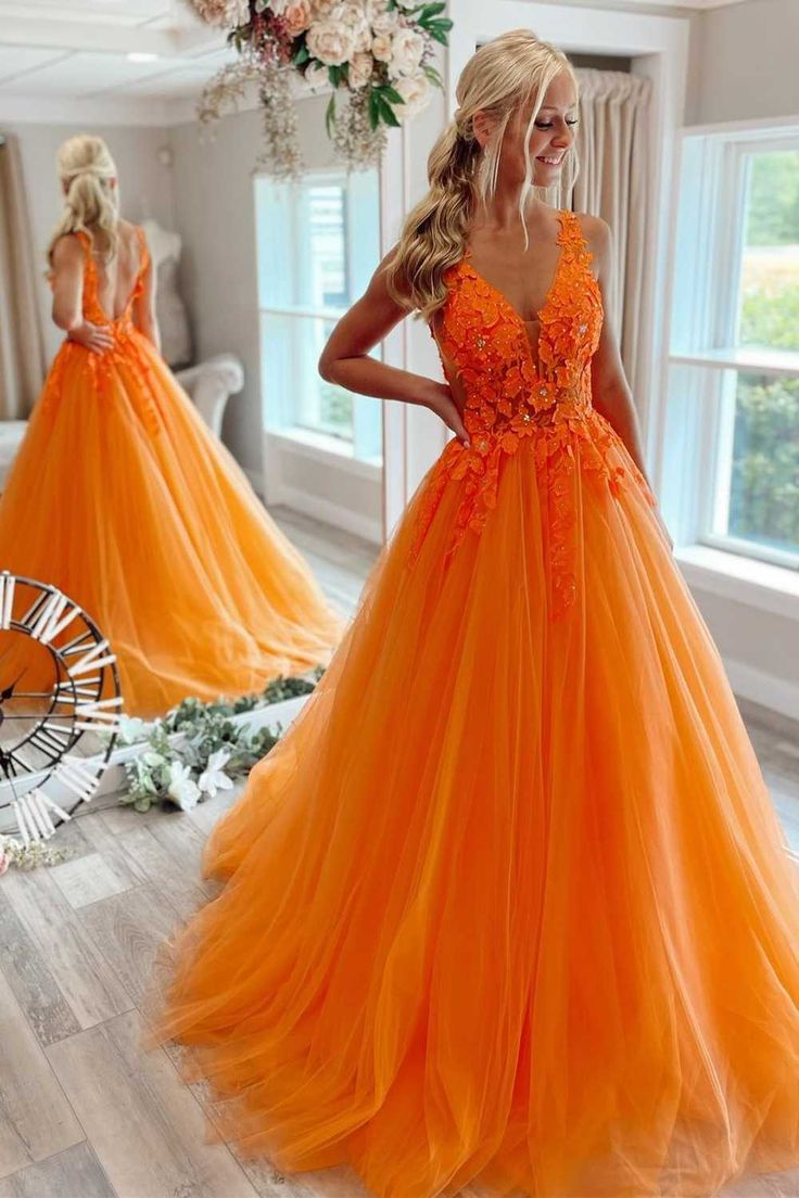 Gorgeous Orange V-Neck Floral Tulle Long Prom Dress - View 2 | FashionDia