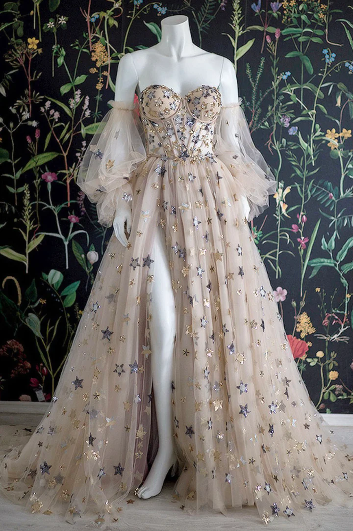 Champagne Tulle Long Prom Dress, Off-the-Shoulder Evening Dress with Stars - View 2 | FashionDia