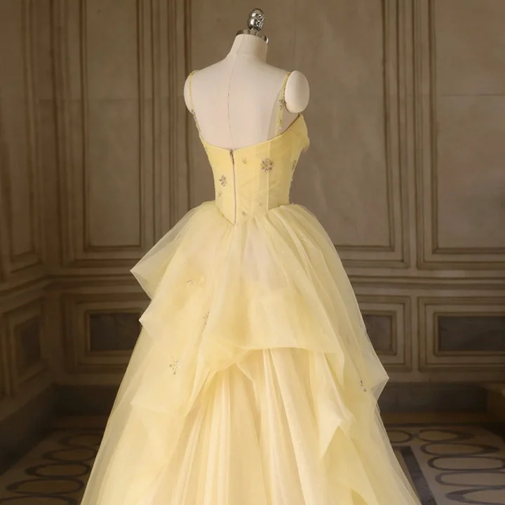 Light Yellow Tulle Long Party Dress, Yellow Tulle Prom Dress - View 2 | FashionDia