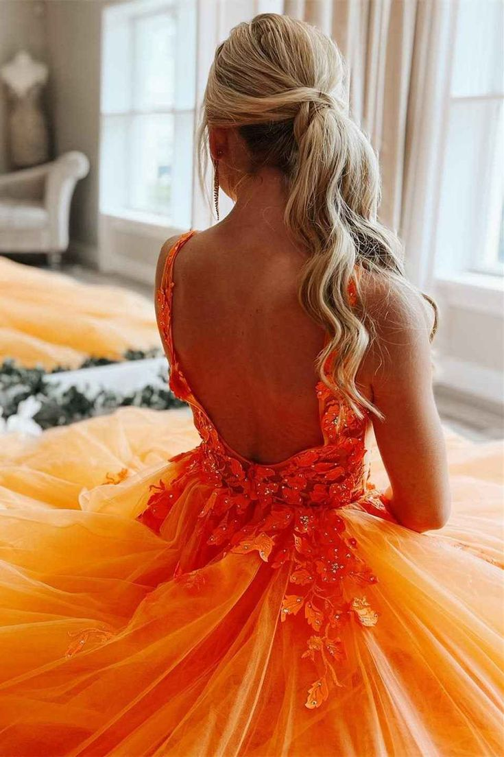 Gorgeous Orange V-Neck Floral Tulle Long Prom Dress - View 3 | FashionDia