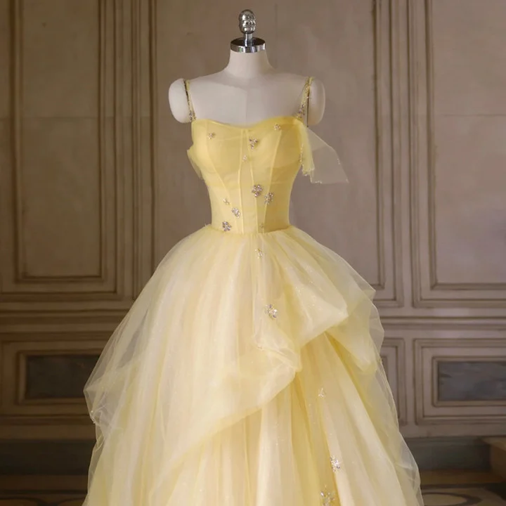 Light Yellow Tulle Long Party Dress, Yellow Tulle Prom Dress - View 3 | FashionDia