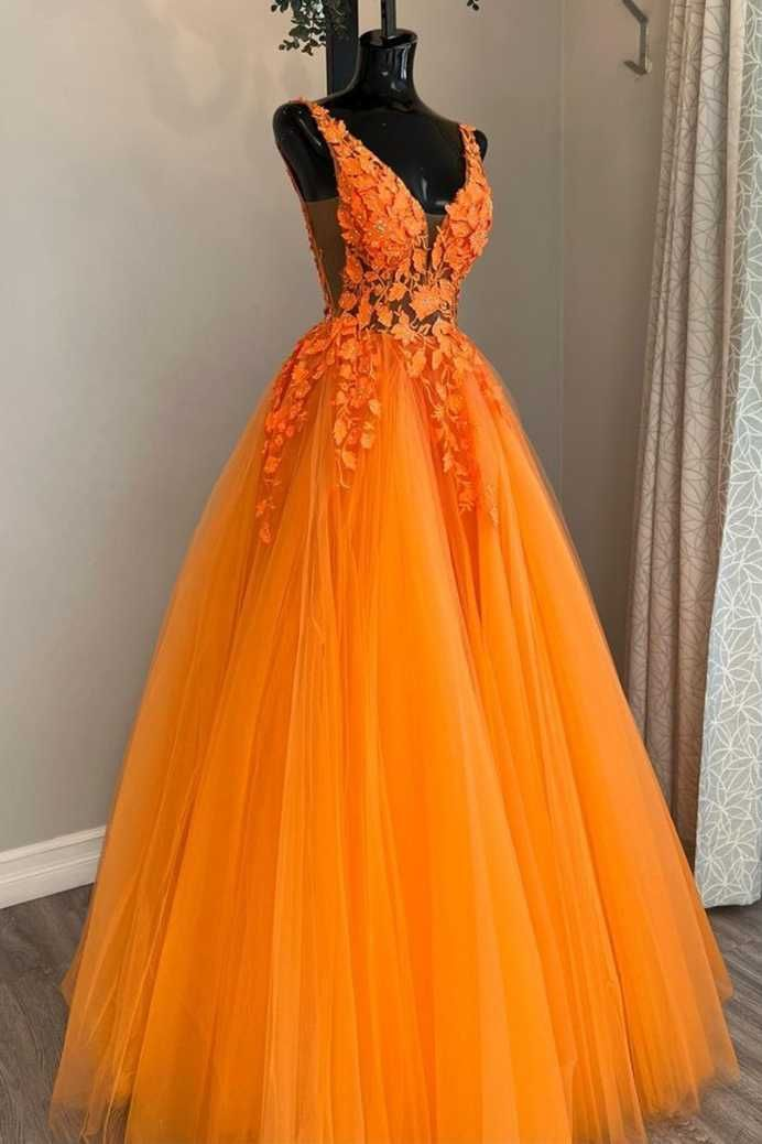 Gorgeous Orange V-Neck Floral Tulle Long Prom Dress - View 4 | FashionDia