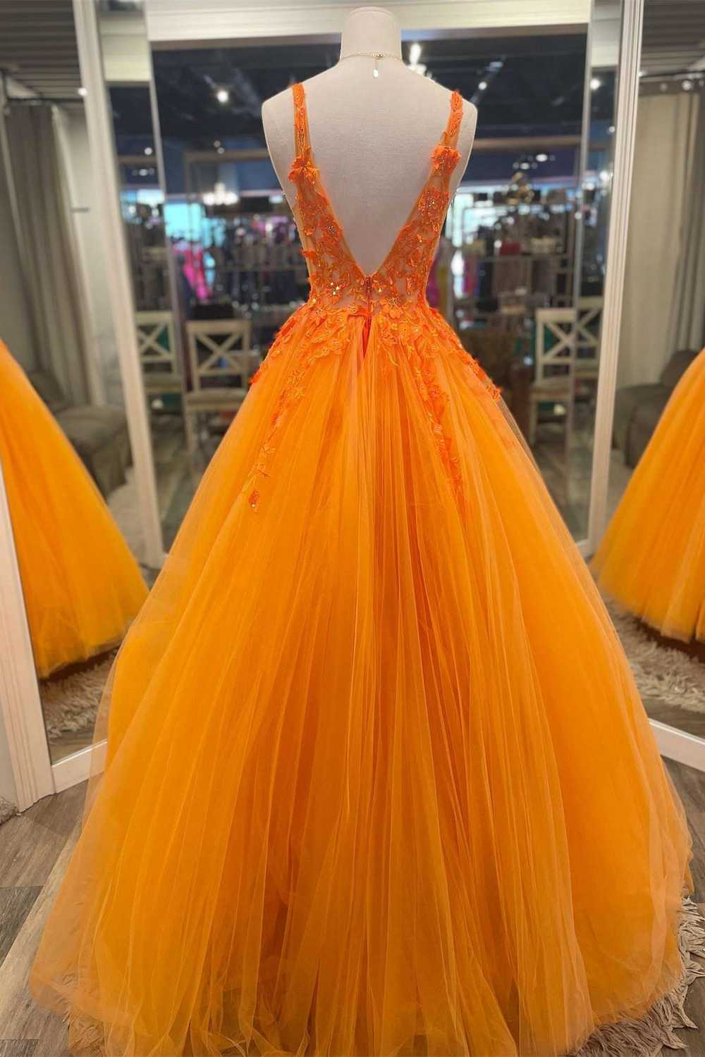 Gorgeous Orange V-Neck Floral Tulle Long Prom Dress - View 5 | FashionDia