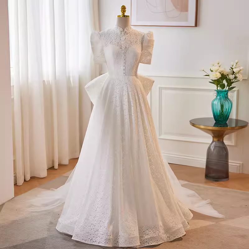 Beautiful A line High Neckline Lace White Wedding Dresses With Bownot