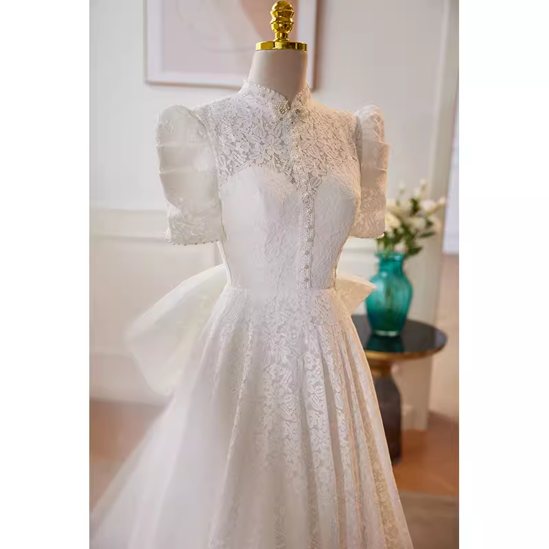 Beautiful A line High Neckline Lace White Wedding Dresses With Bownot