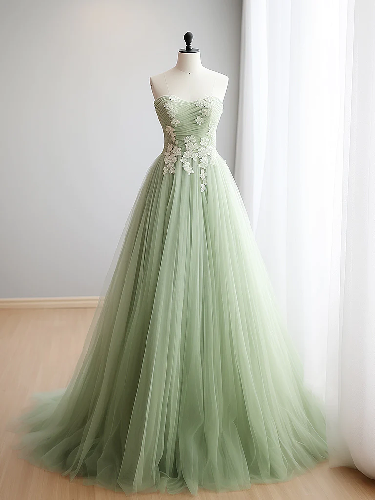 A-Line Sweetheart Neck Tulle Lace Applique Green Long Prom Dress - FashionDia