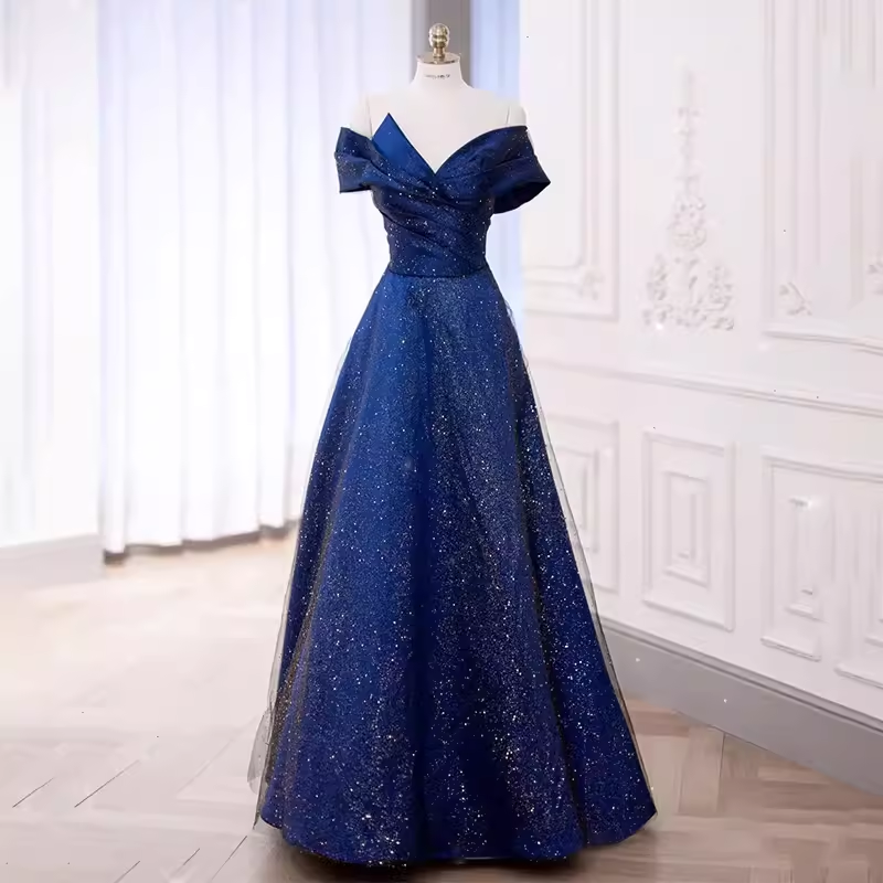 A-Line Off The Shoulder Royal Blue Sequin Long Prom Dress