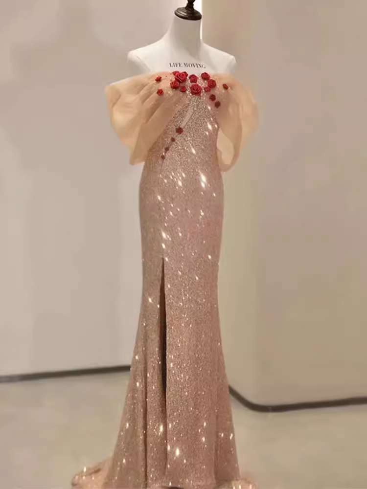 Mermaid Off The Shoulder Short Sleeves Sequin Long Prom Dress