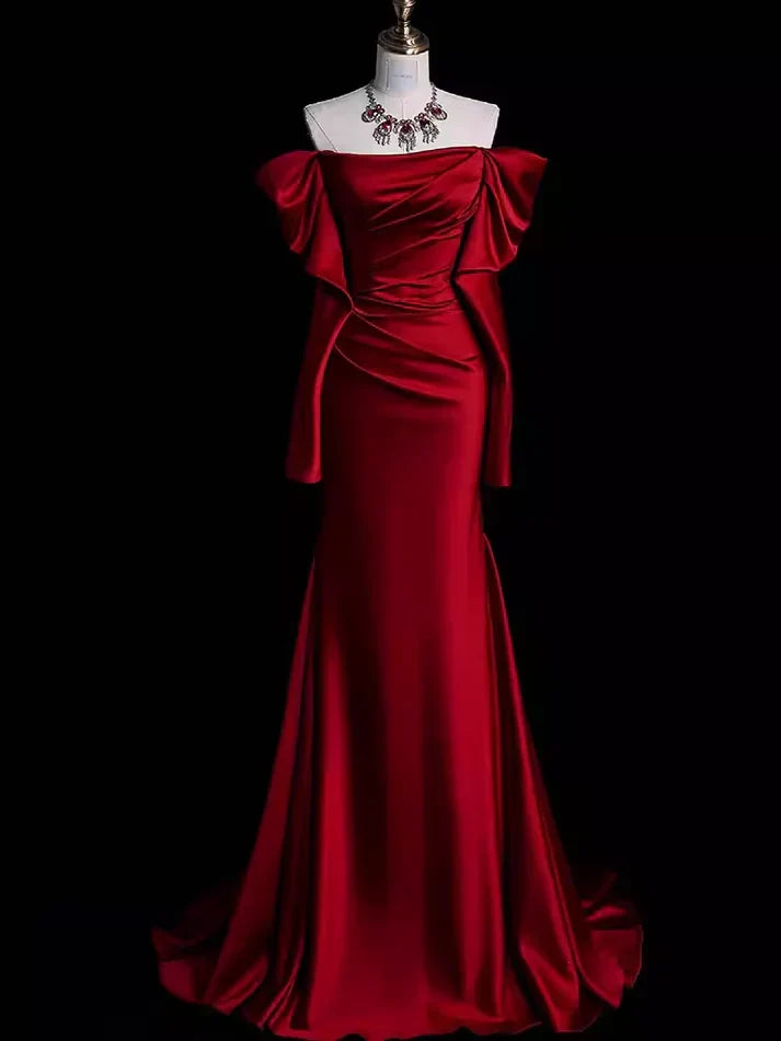Burgundy Off The Shoulder Mermaid Long Satin Prom Dress Formal Party Evening Gown