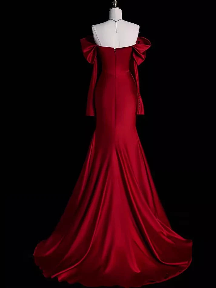 Burgundy Off-the-Shoulder Mermaid Long Satin Prom Dress Formal Party Evening Gown - View 3 | FashionDia