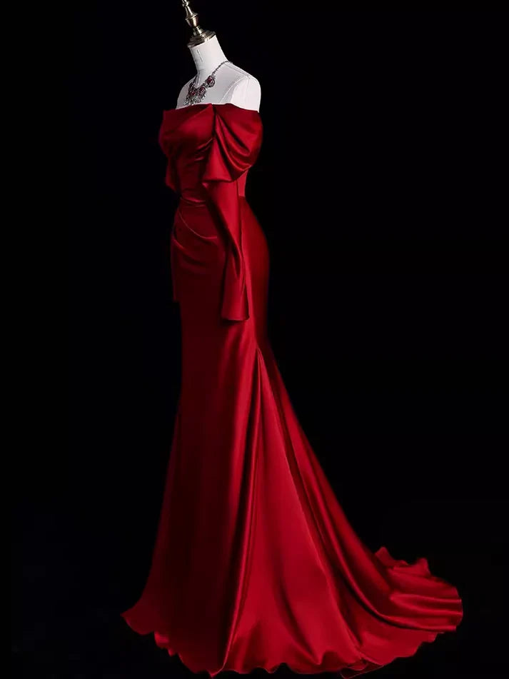 Burgundy Off-the-Shoulder Mermaid Long Satin Prom Dress Formal Party Evening Gown - View 5 | FashionDia