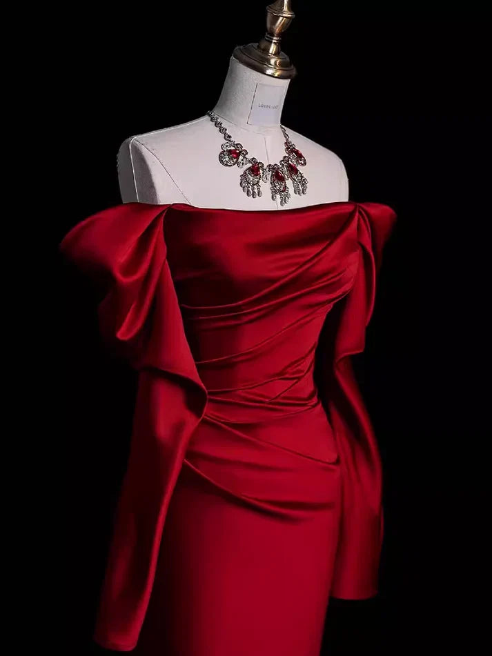 Burgundy Off-the-Shoulder Mermaid Long Satin Prom Dress Formal Party Evening Gown - View 2 | FashionDia