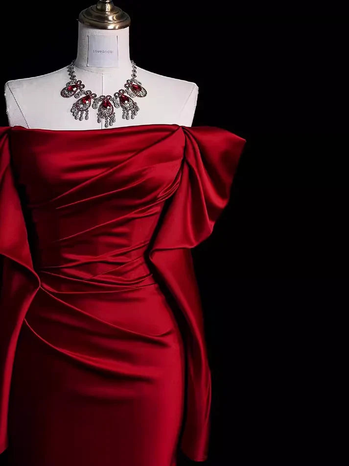 Burgundy Off-the-Shoulder Mermaid Long Satin Prom Dress Formal Party Evening Gown - View 4 | FashionDia