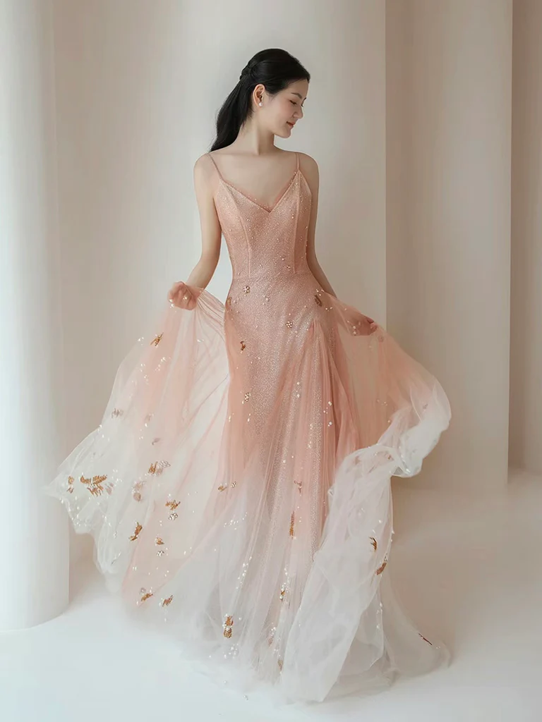 A-Line V Neck Tulle Pink Long Prom Dress