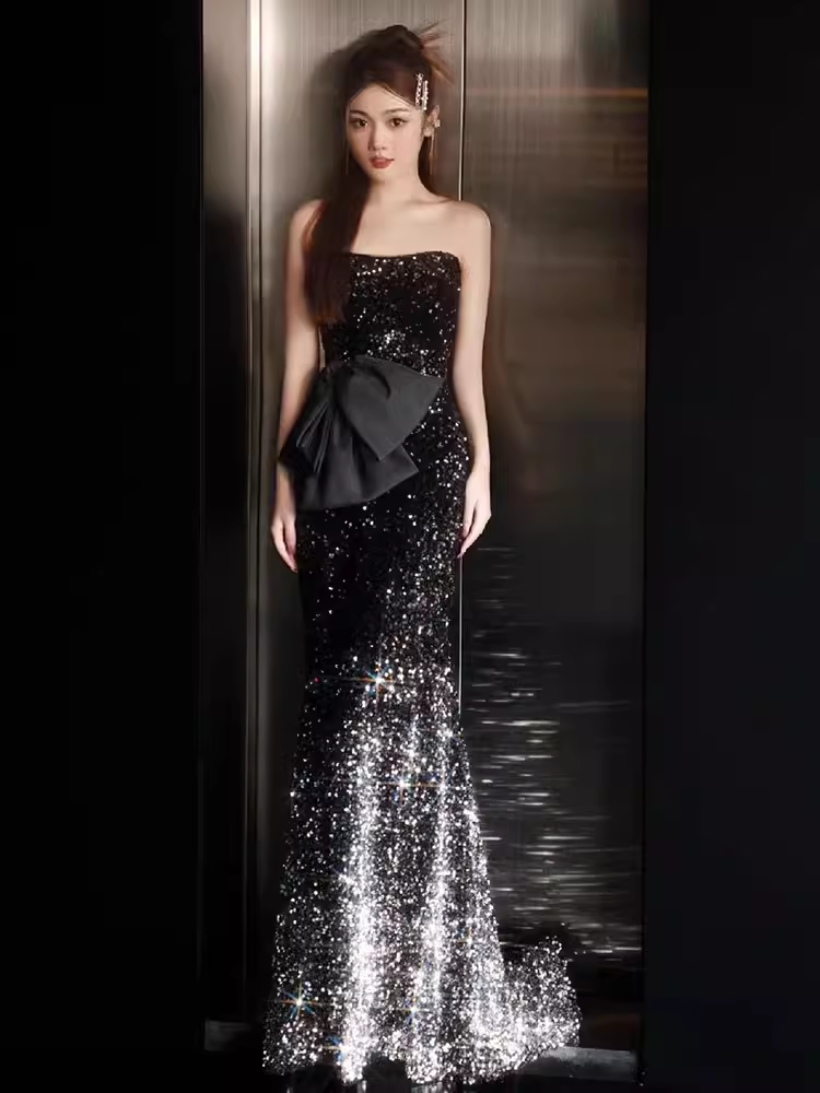 Lovely Mermaid Strapless Black Sequin Long Prom Dress