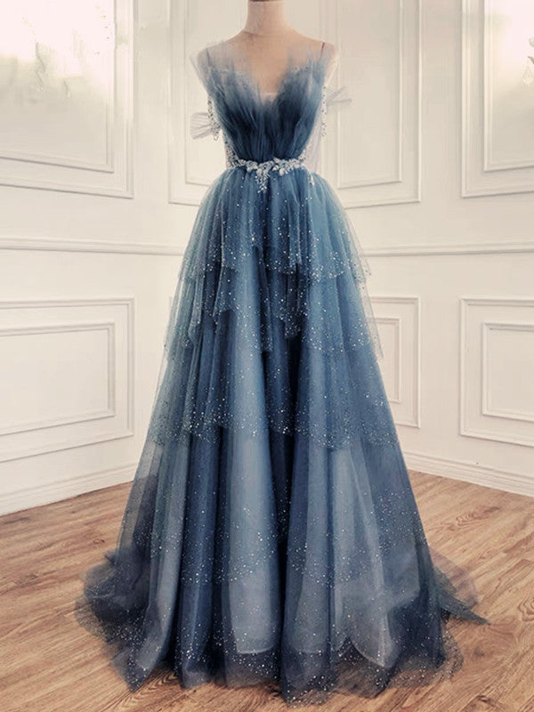 Elegant Ball Gown Straps Long Tulle Blue Prom Dress - View 3 | FashionDia