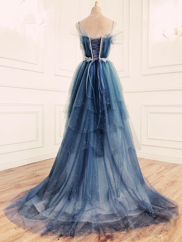 Elegant Ball Gown Straps Long Tulle Blue Prom Dress - View 2 | FashionDia