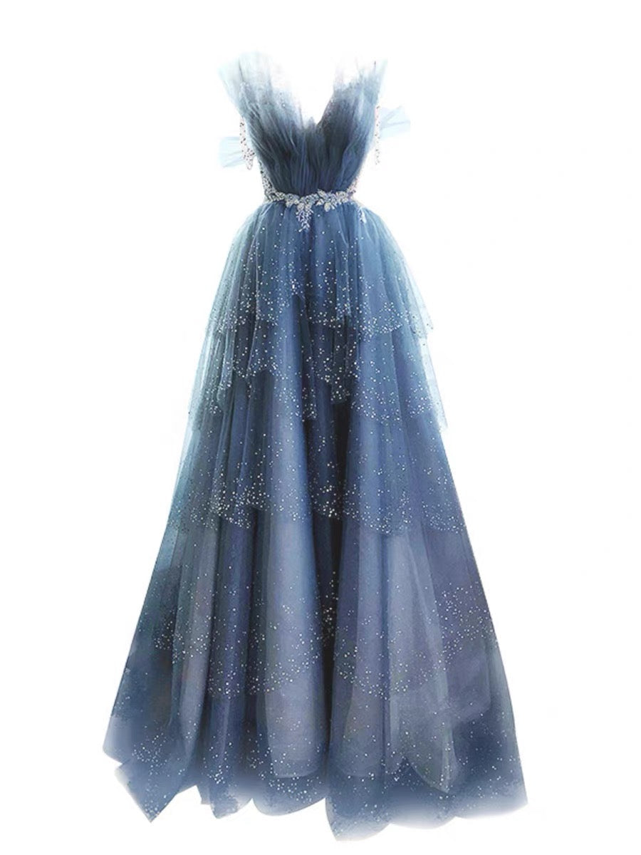 Elegant Ball Gown Straps Long Tulle Blue Prom Dress - View 4 | FashionDia