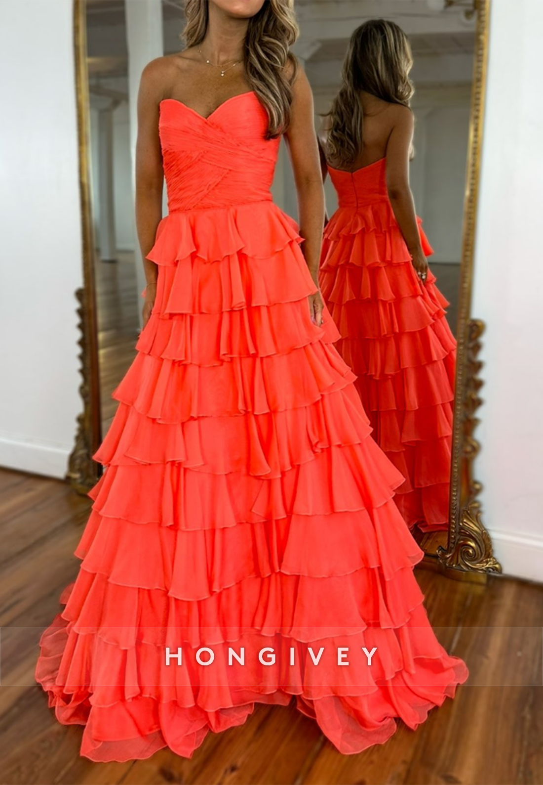 A-Line Tiered Sweetheart Ruched Simple Evening Prom Dresses with Train