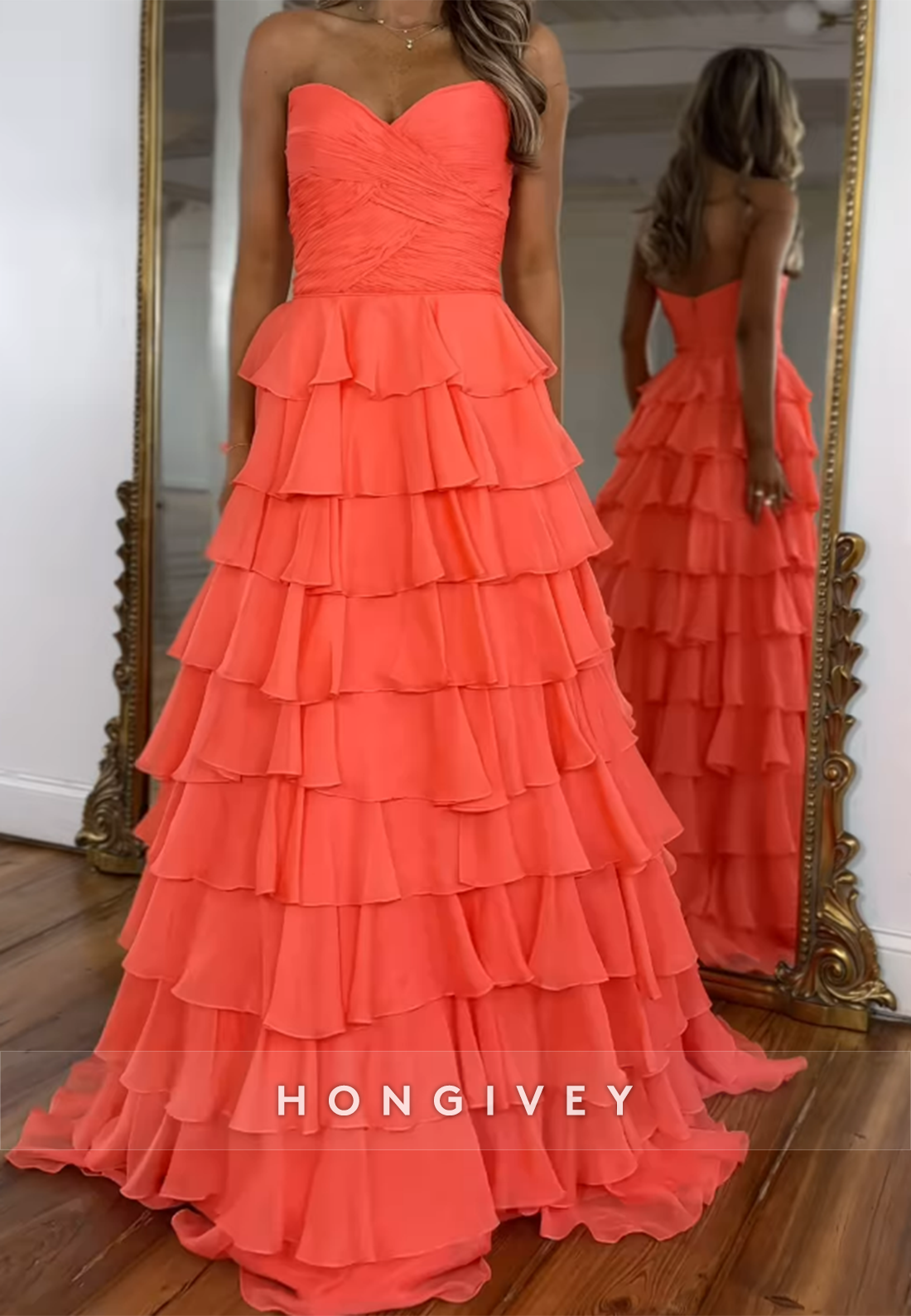 A-Line Tiered Sweetheart Ruched Simple Evening Prom Dresses with Train