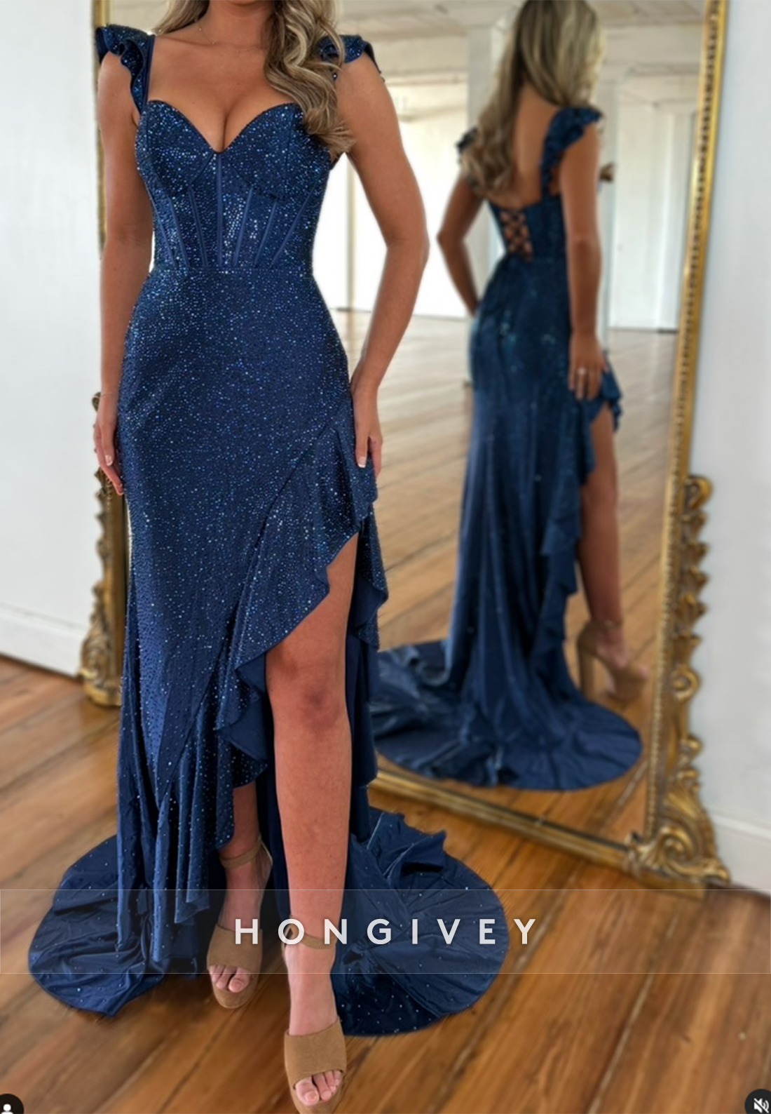 Fully Sequined Strap Side Slit Guest Prom Dresses with Sweep Train
