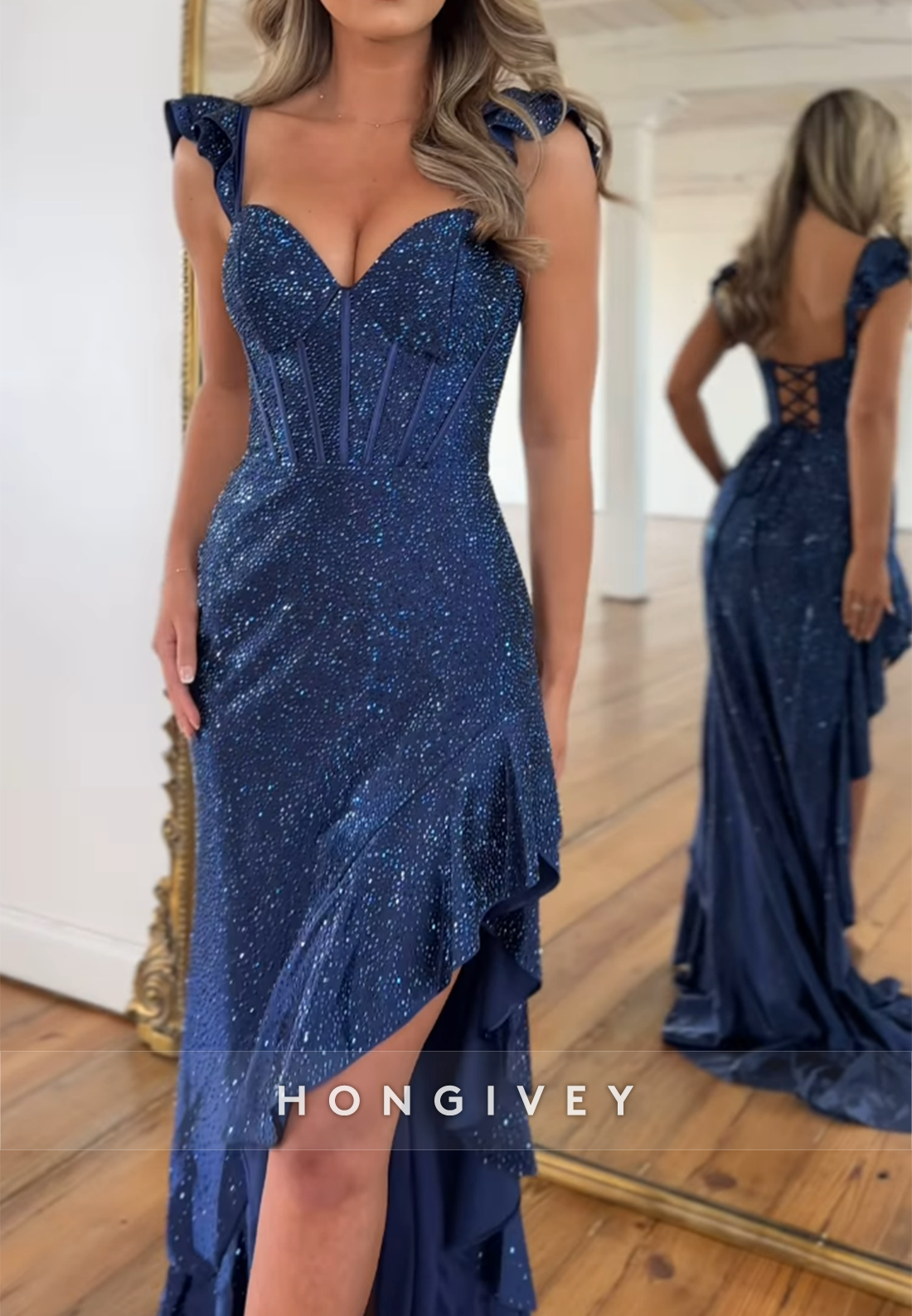 Fully Sequined Strap Side Slit Guest Prom Dresses with Sweep Train