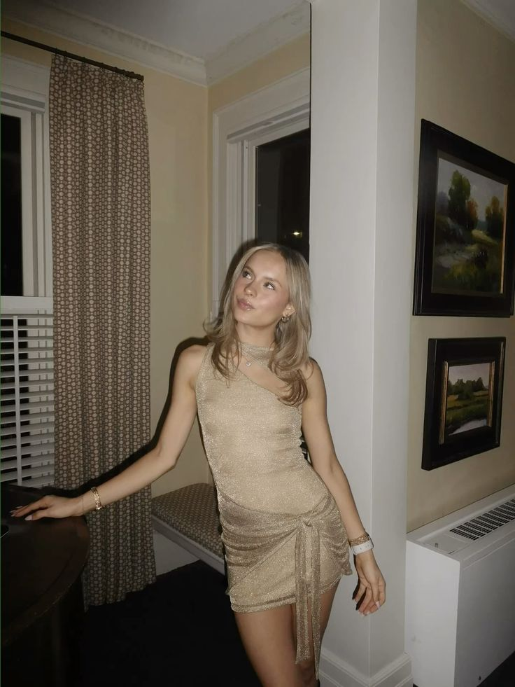 Sexy One Shoulder Champagne Satin Sequin Mini Cocktail Dress 6th Grade Homecoming Dress
