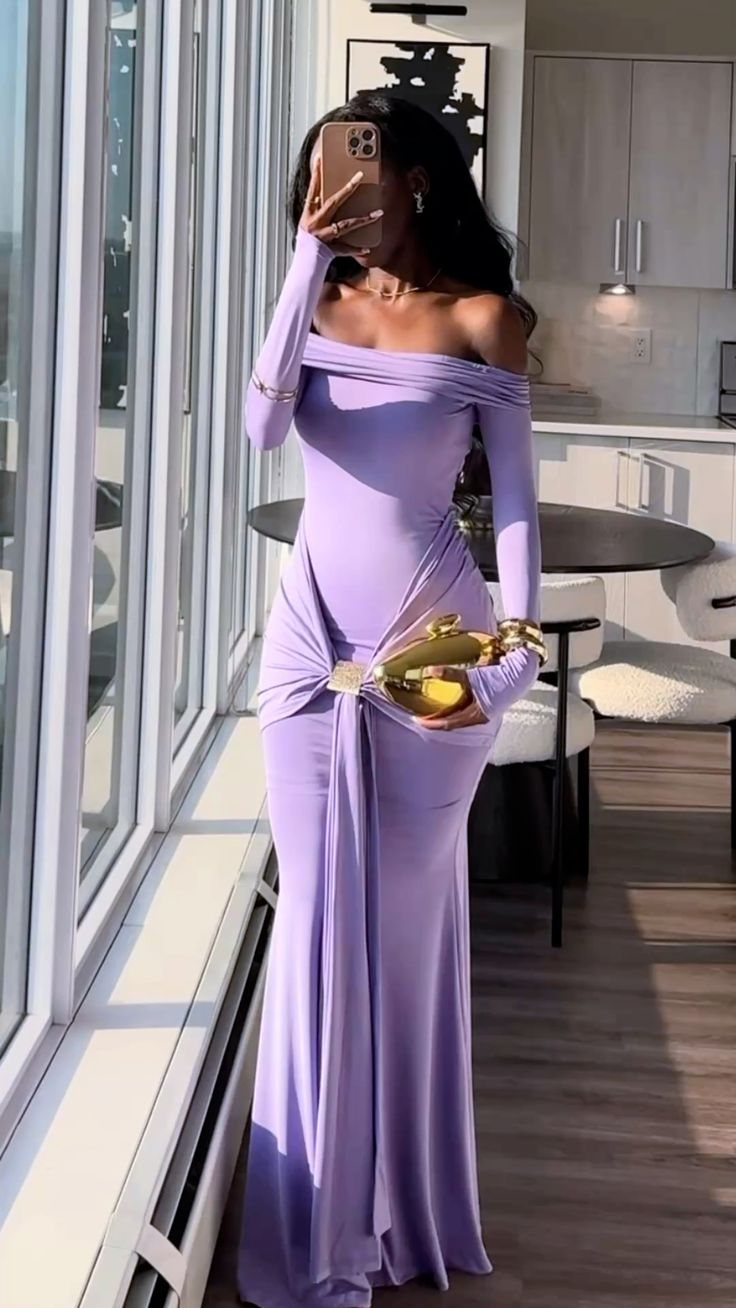 Charming Lavender Off-the-Shoulder Satin Pleated Mermaid Evening Dress Long Wedding Guest Dress - FashionDia