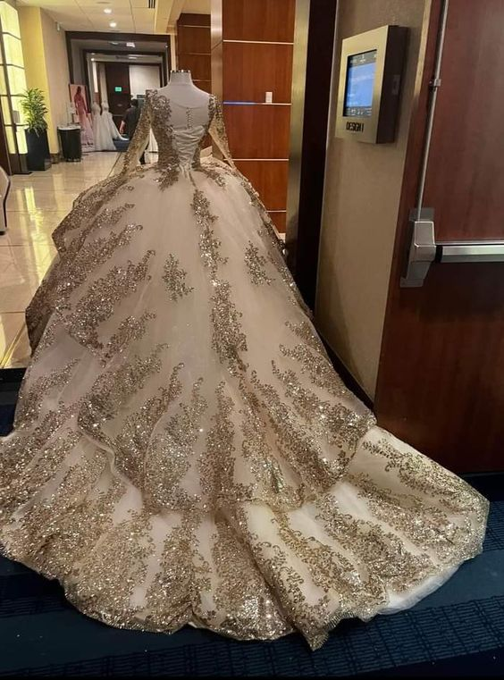 Luxurious Glitter Long Sleeve Dresses Romantic Appliqued Tulle Ball Gowns Y443 - View 2 | VelvetHem