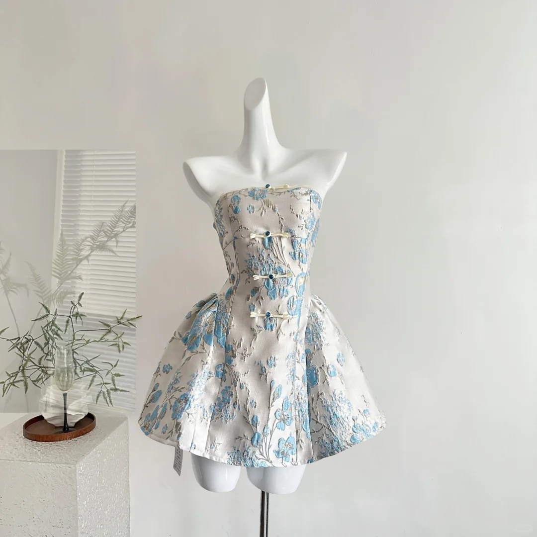 Vintage Strapless Satin Print Floral A-Line Women Dress Holiday Dress - FashionDia