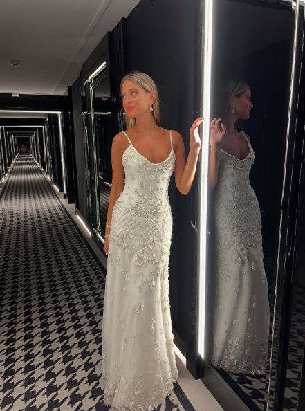 Elegant Spaghetti Straps Satin Tulle Beaded Long Party Dress Evening Dress - View 8 | FashionDia