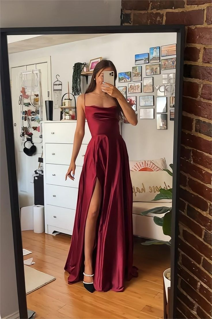 A-Line Spaghetti Straps Burgundy Long Prom Dress with Split Front - FashionDia