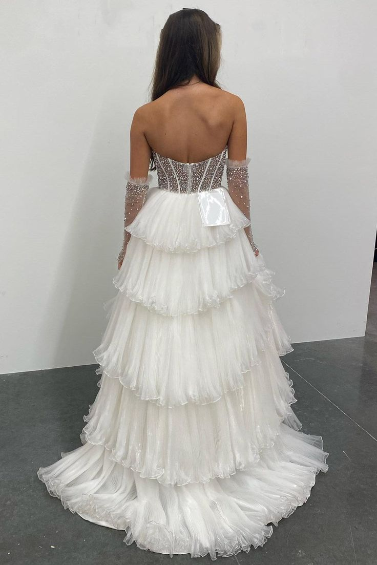 A-Line Sweetheart Tiered Organza Prom Dress with Detachable Sleeves - View 2 | FashionDia