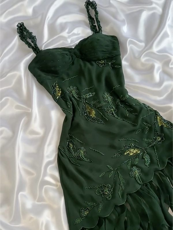 Vintage Green Chiffon Beaded Ruffles Short 19th Birthday Outfits Homecoming Dress - View 2 | FashionDia