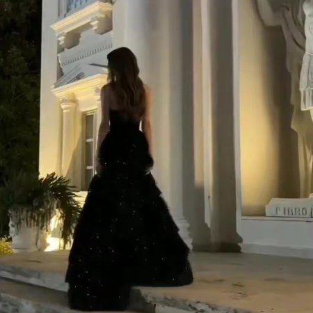 Elegant Black Sequin Layered Slit Evening Dress Formal Party Prom Dress - View 4 | FashionDia