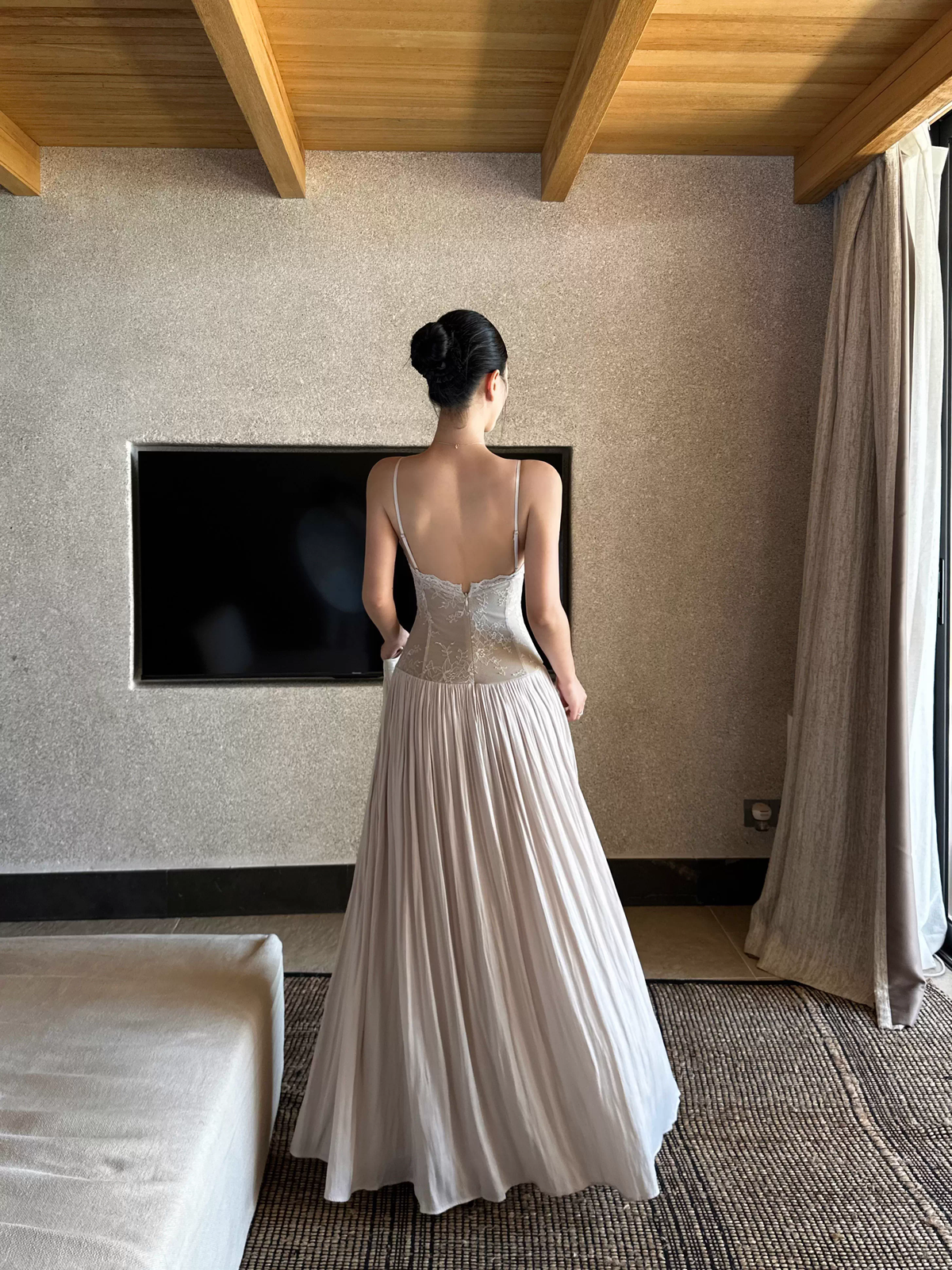 Unique Apricot Spaghetti Straps V-Neck Lace Satin A-Line Long Evening Dress Party Gown - View 8 | FashionDia