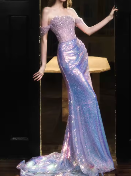 Glitter Sequins Beaded Mermaid Evening Dress,Lilac Off Shoulder Party Prom Dress