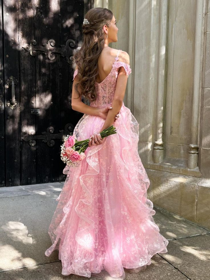 Pink Off Shoulder Fluffy Lace Appliques Floral Long Prom Dress Evening Dress Y7846 - View 2 | VelvetHem