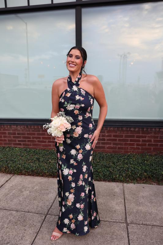 Classy Black Halter Satin Print Long Evening Dress,Formal Prom Party Gown - FashionDia