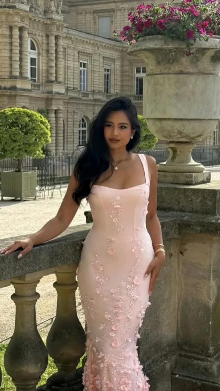 Charming Pink Tulle Satin Beaded Appliques Party Dress Mermaid Long Prom Gown