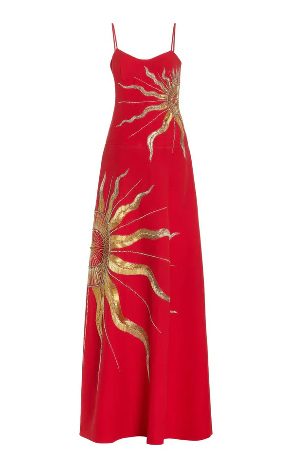 Gorgeous Spaghetti Straps Red Satin With Gold Sequin Long Party Dress Evening Dress