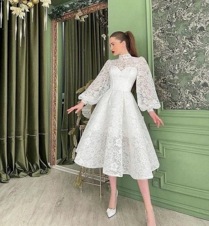 Mid Calf Wedding Dress, Women's Summer Dress White High Collar With Puff Sleeves (ZD13667)